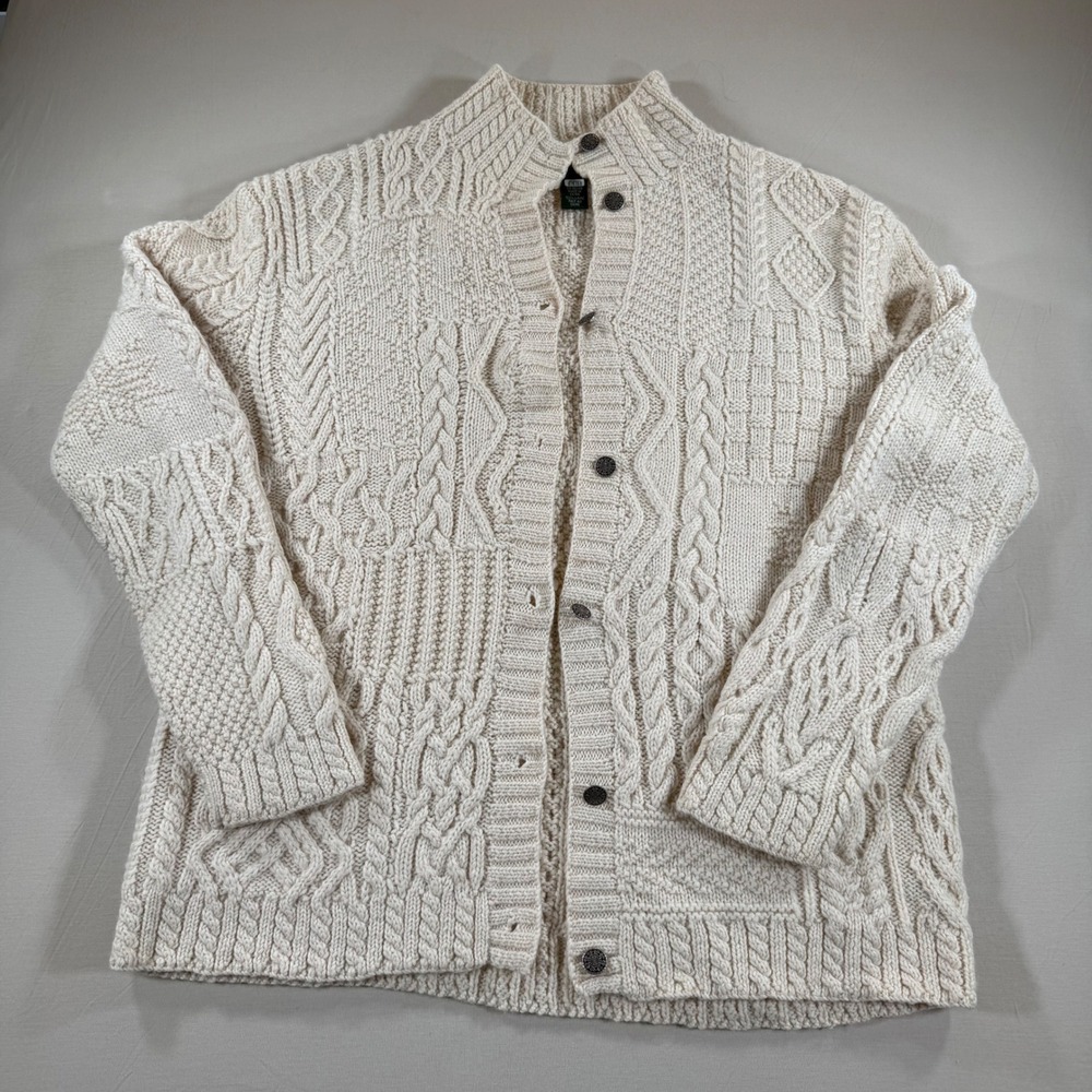 Lauren Ralph Lauren Hand Knit 100% Wool Cable Patchwork Cardigan Sweater Cream L